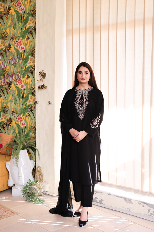 2-Piece Black Embroidered Khaddar Stitched Suit