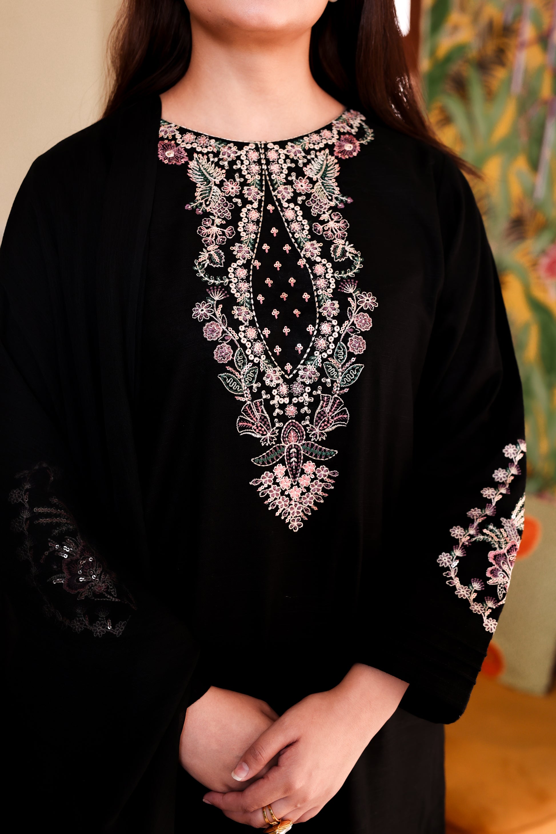 2-Piece Black Embroidered Khaddar Stitched Suit - Menaalpret