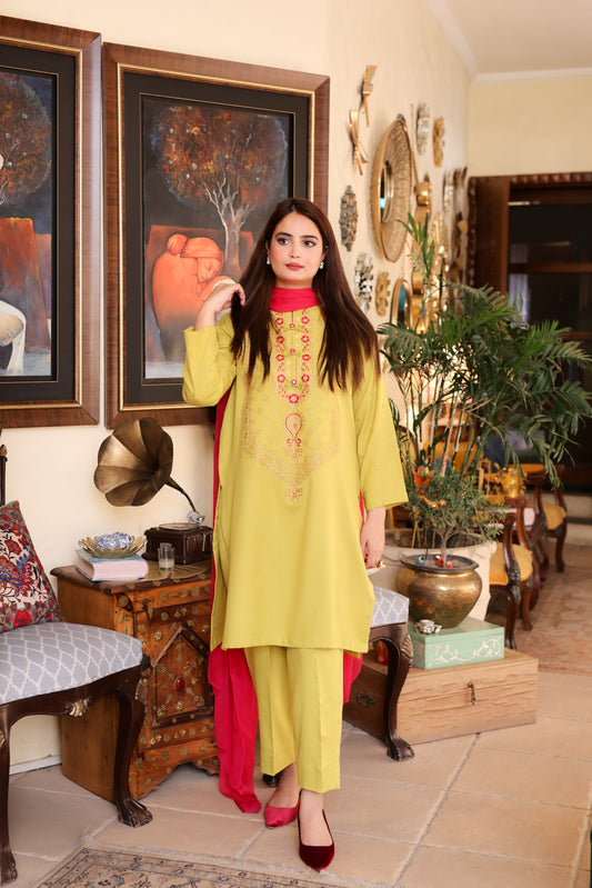 2-Piece Lime Green Embroidered Marina Stitched Suit